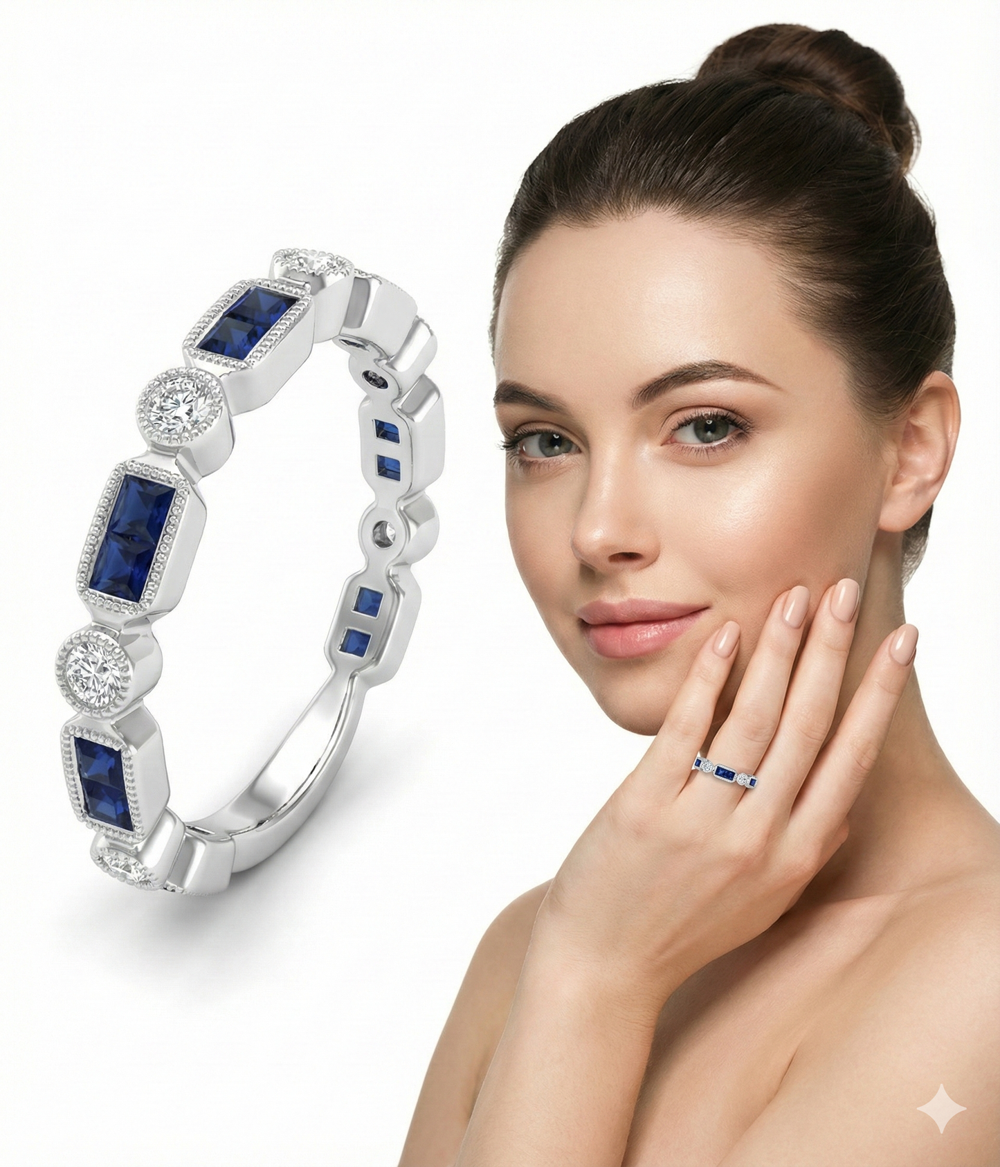 White Gold Silver Multistone Ring with Deep Blue Sapphire