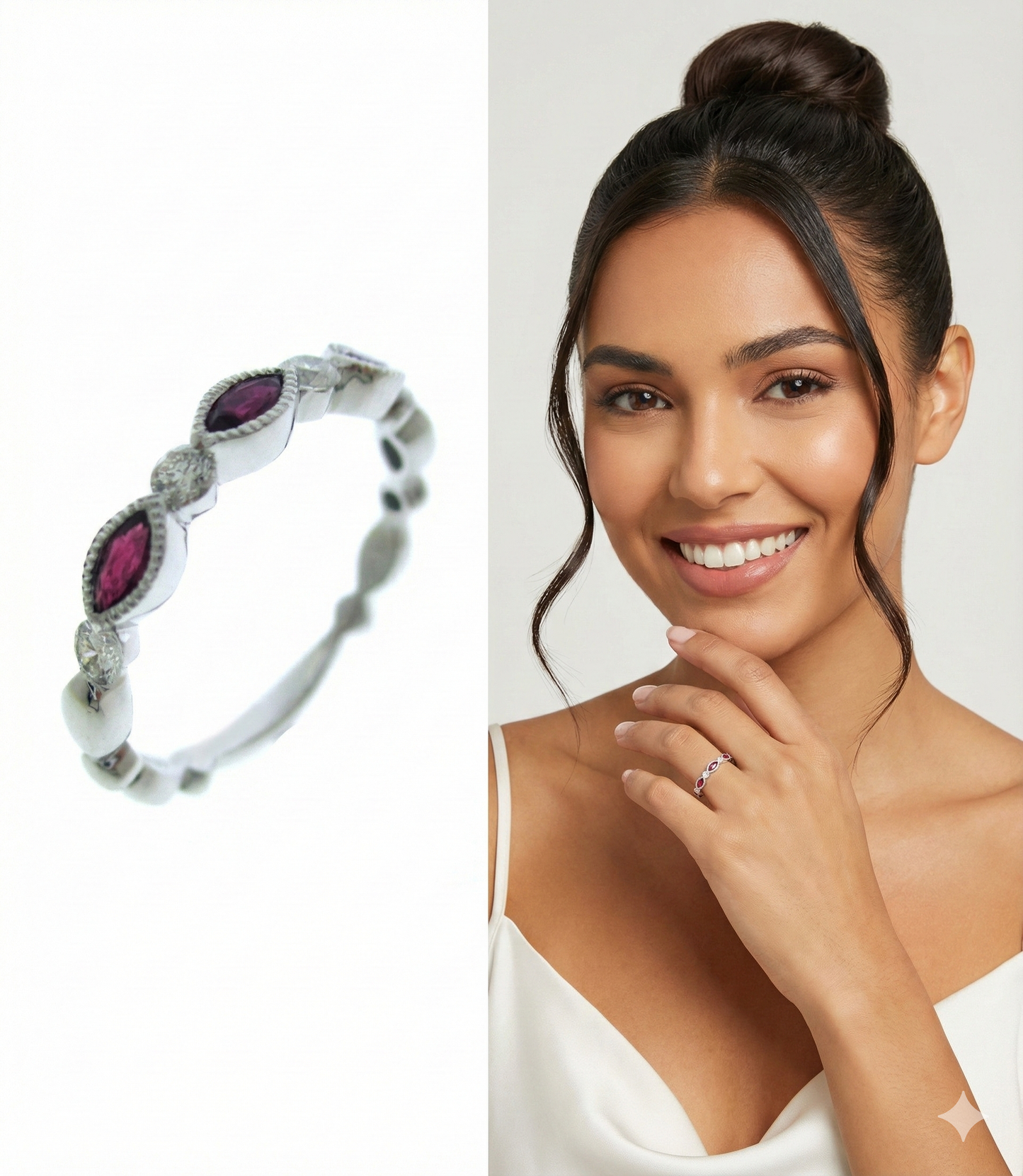 White Gold Band Ring with Marquise Cut Ruby Accents