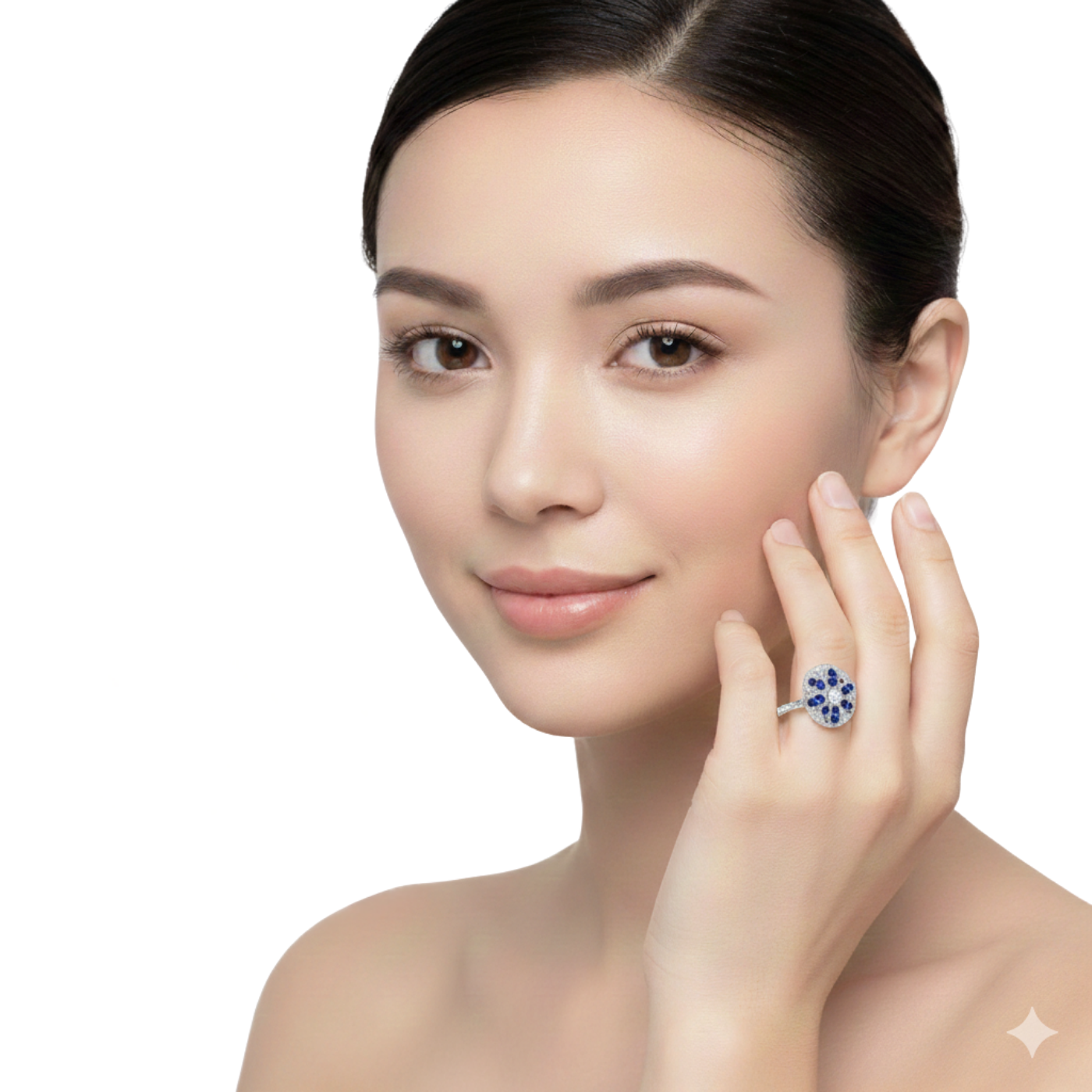 White Gold Cocktail Ring with Deep Blue Sapphire Halo and Round Cut Diamond