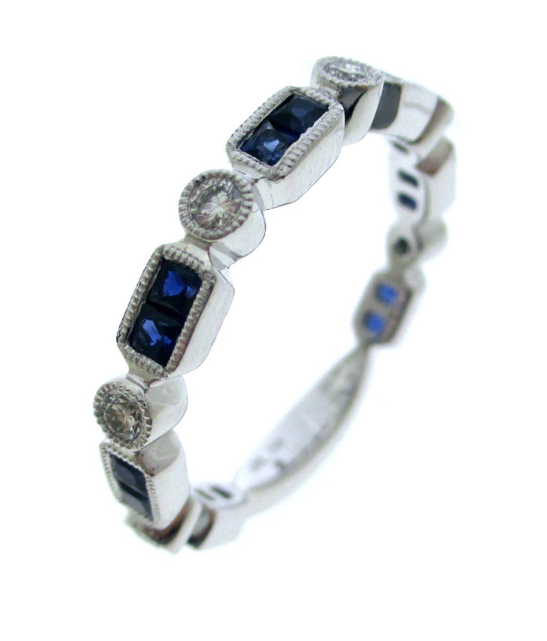 White Gold Silver Multistone Ring with Deep Blue Sapphire