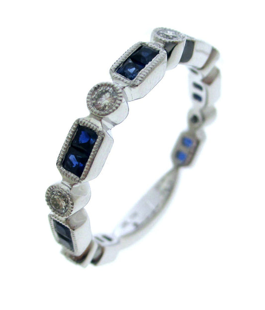 White Gold Silver Multistone Ring with Deep Blue Sapphire