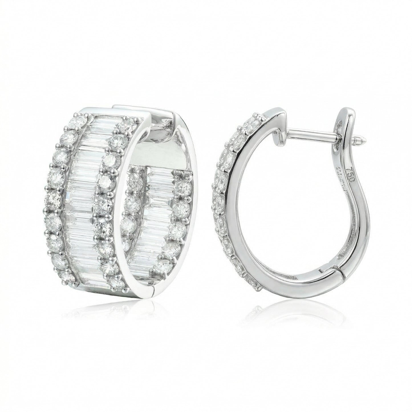 18KW DIAMOND BAGUETTE & ROUND OV HOOP EARS