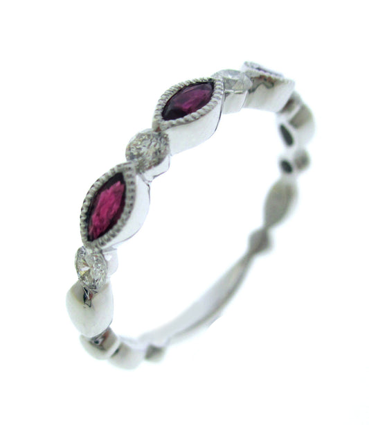 White Gold Band Ring with Marquise Cut Ruby Accents