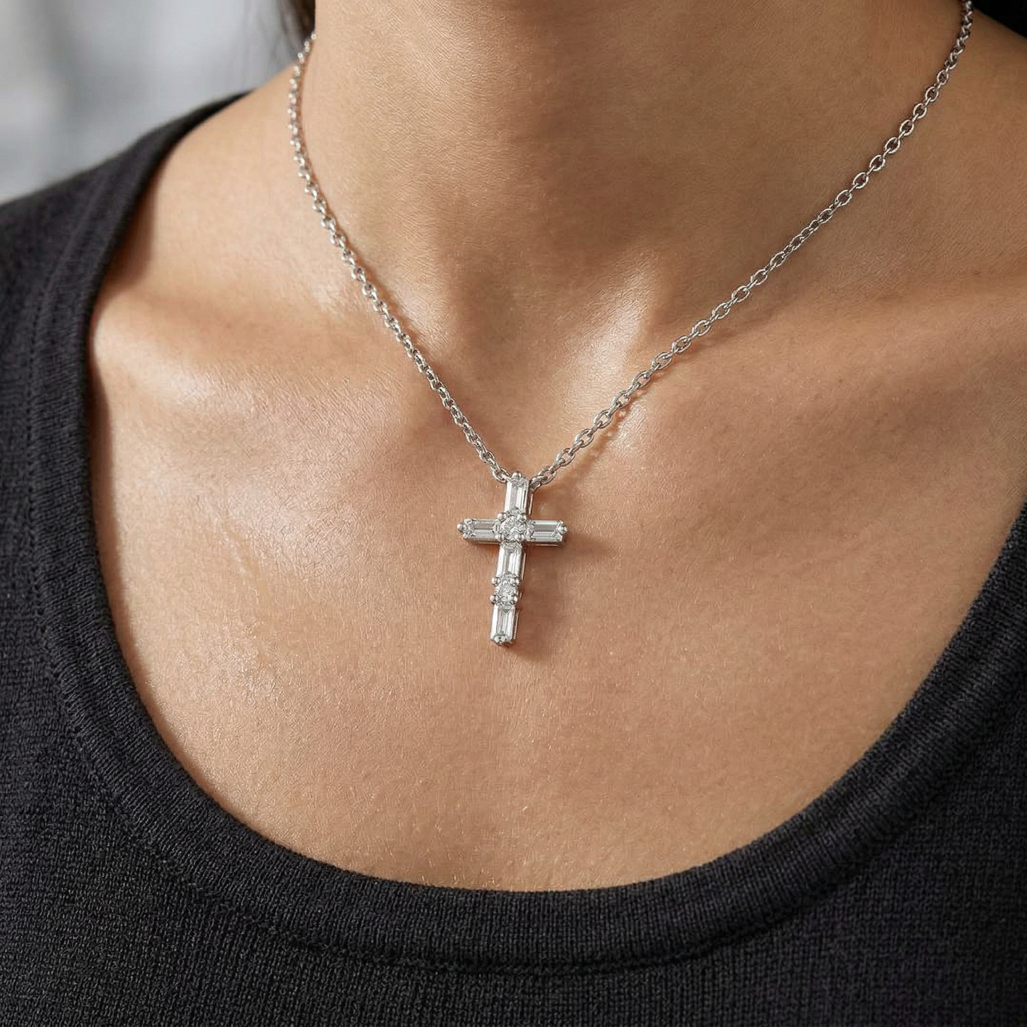 14KW DIAMOND PRONG SET CROSS NECKLACE