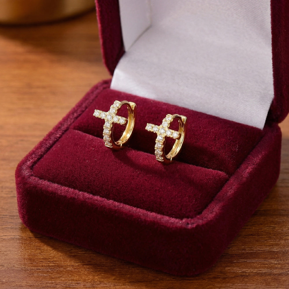 14KYG DIAMOND CROSS HUGGIE EARS