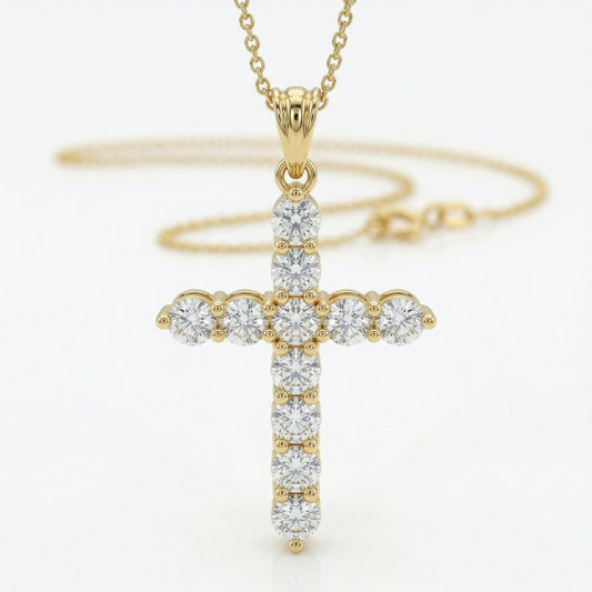 14KY DIAMOND SHARED PRONG CROSS NECKLACE