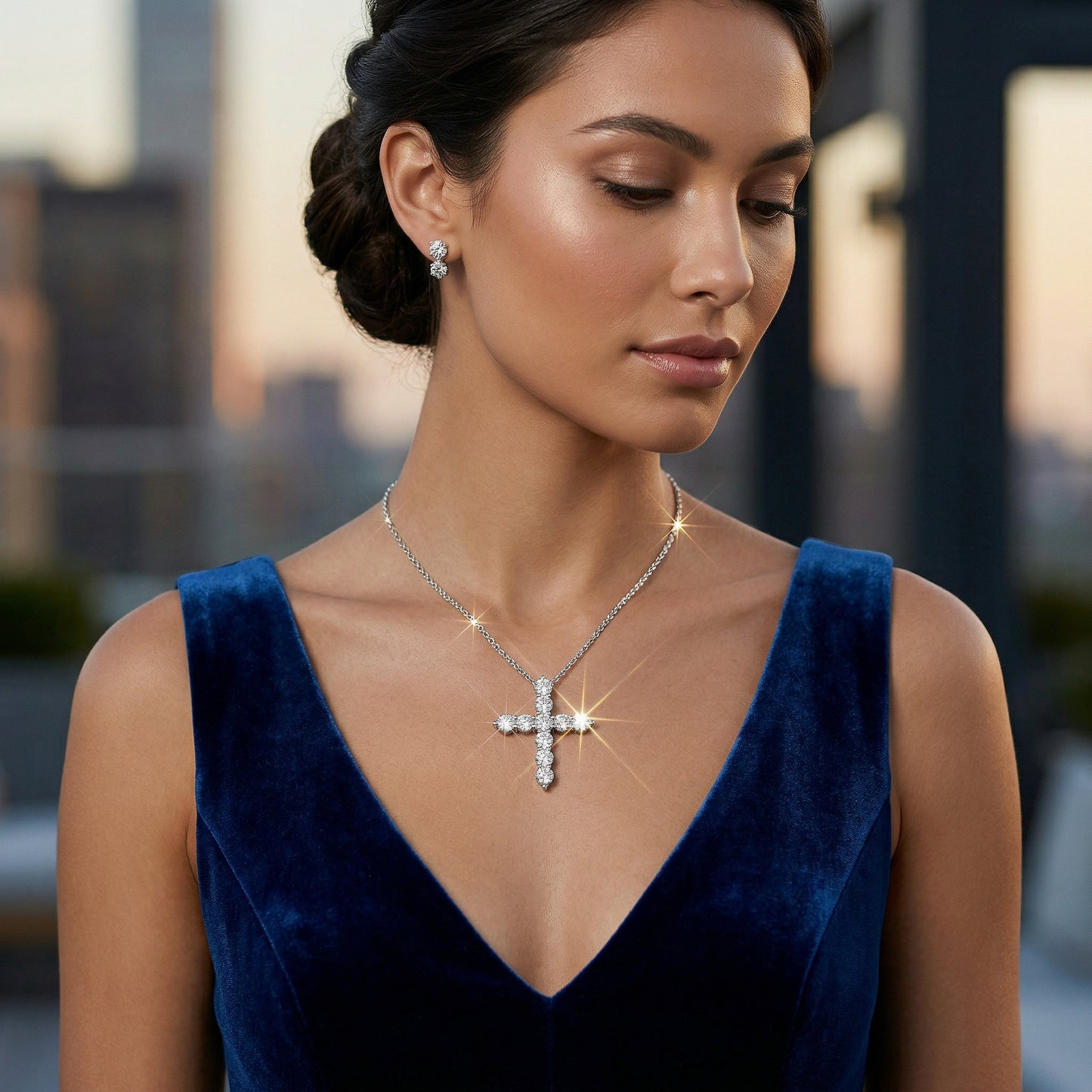 14KW DIAMOND SHARED PRONG CROSS NECKLACE