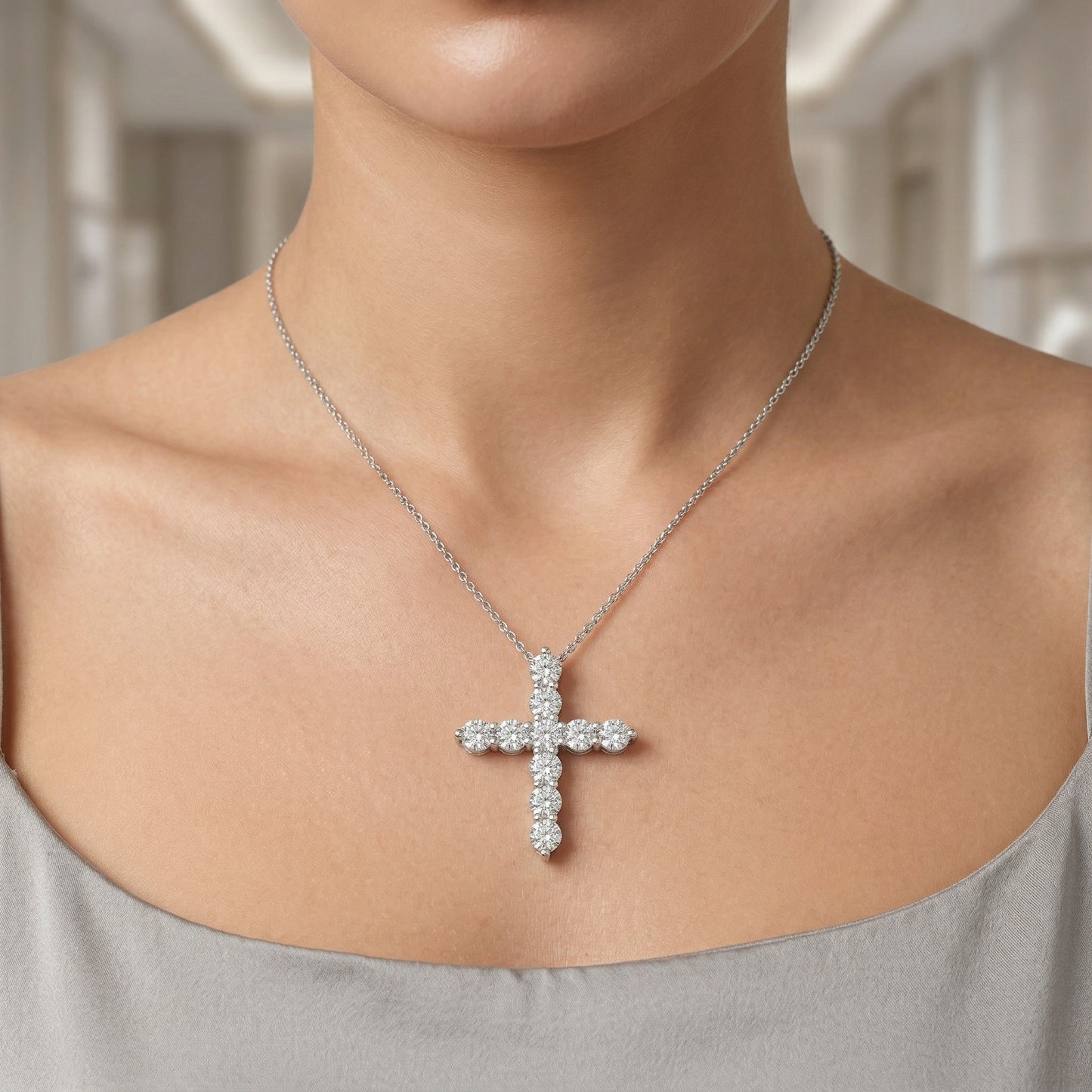 14KW DIAMOND SHARED PRONG CROSS NECKLACE