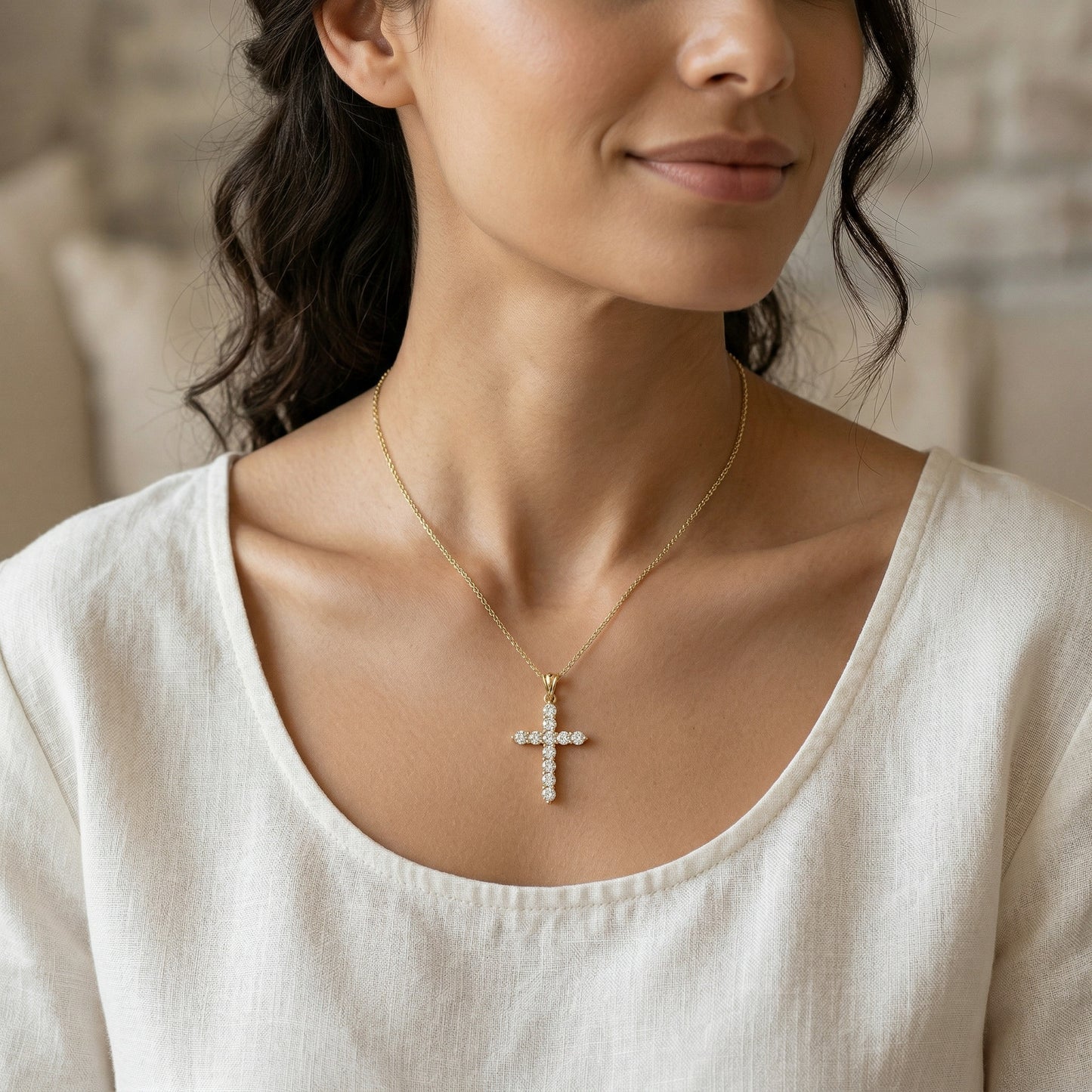 14KY DIAMOND SHARED PRONG CROSS NECKLACE