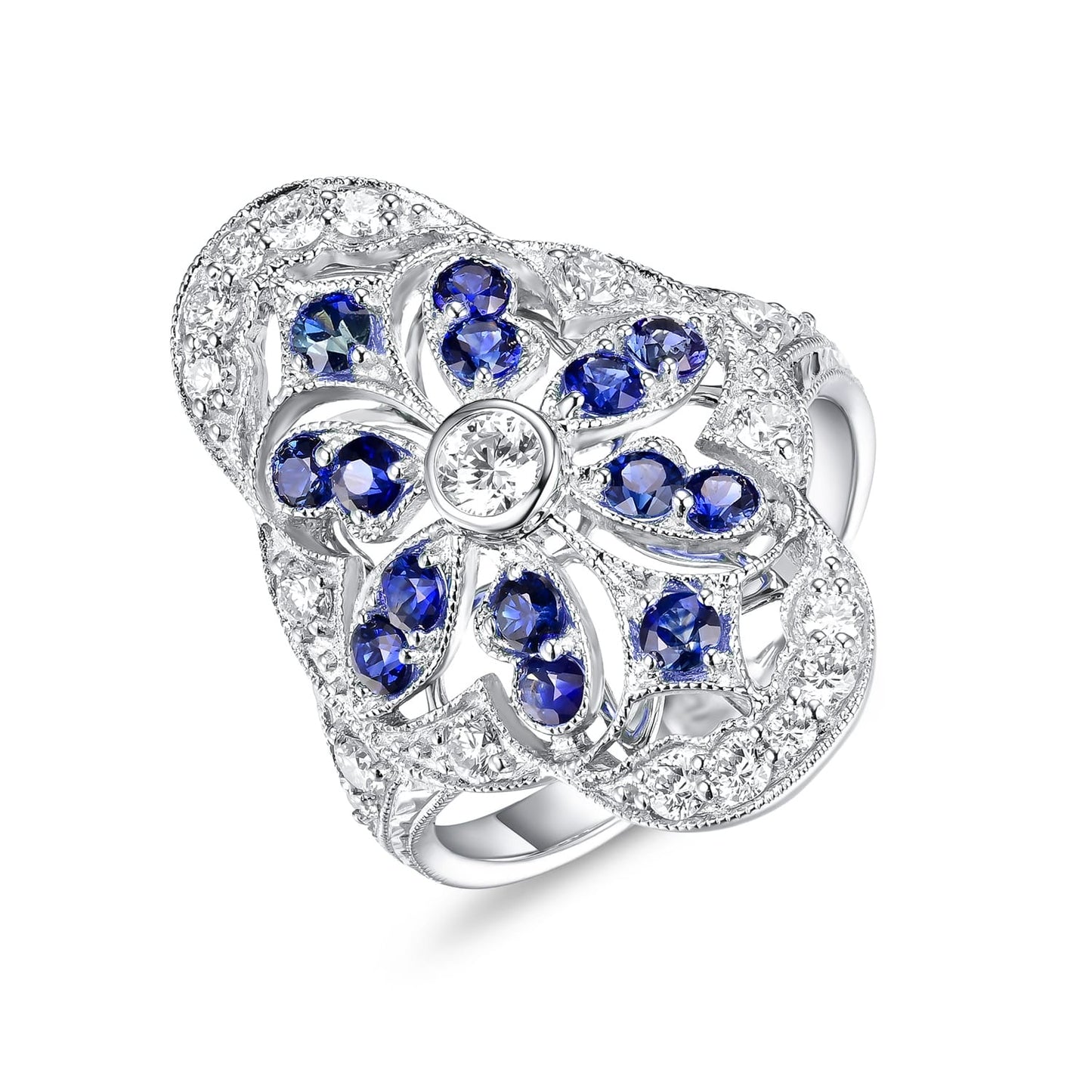 White Gold Cocktail Ring with Deep Blue Sapphire Halo and Round Cut Diamond