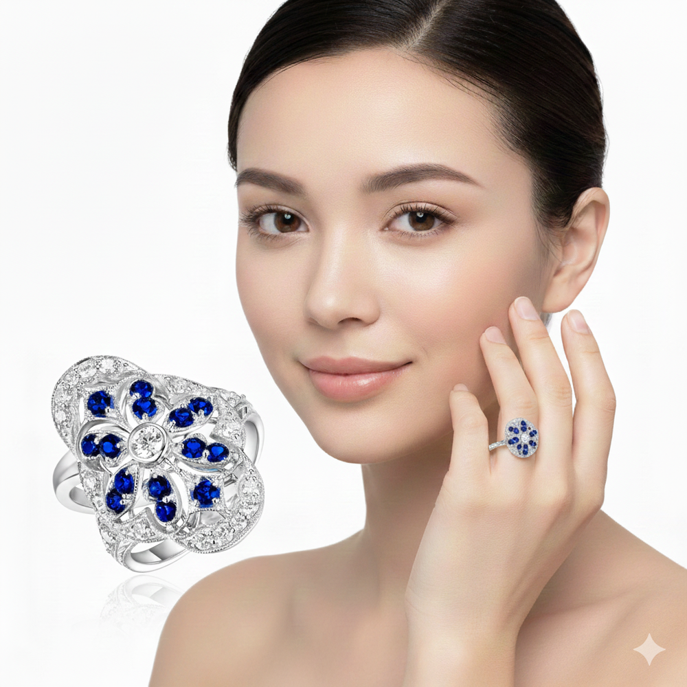 White Gold Cocktail Ring with Deep Blue Sapphire Halo and Round Cut Diamond