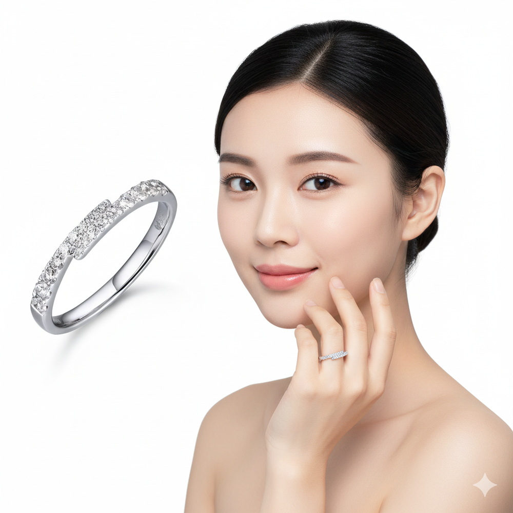 White Gold Plated Silver Band Ring with Round Cut Diamonds